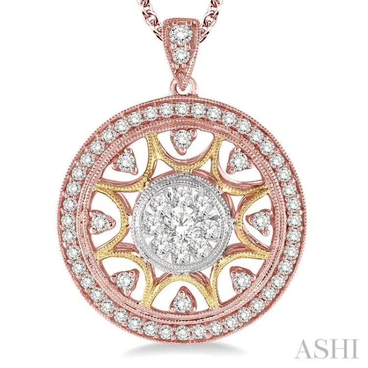 1 Ctw Round Cut Diamond Lovebright Pendant in 14K Tri Color Gold with Chain