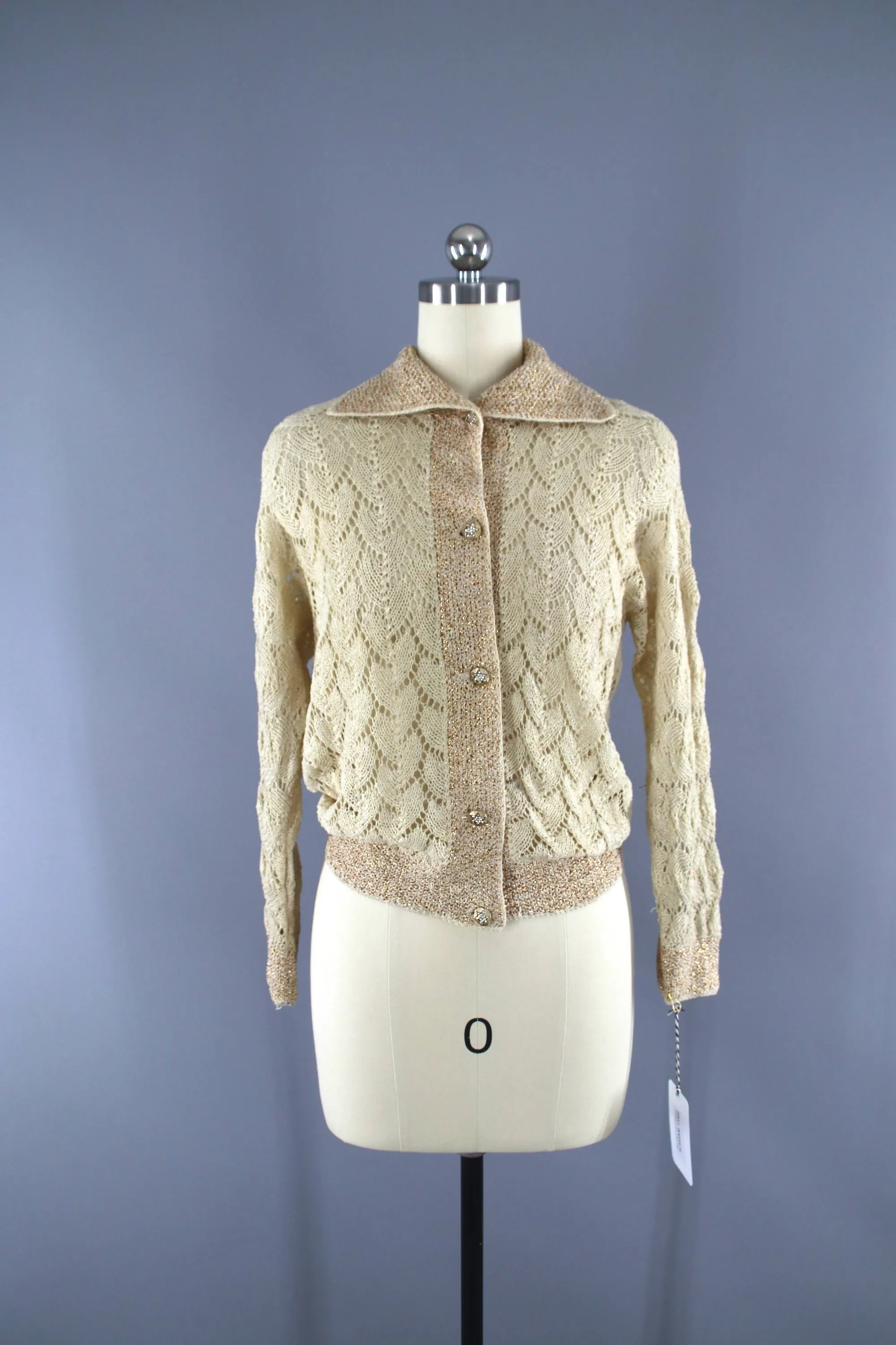 1940s - 1950s Vintage Cardigan Sweater / Gold Rhinestone Buttons