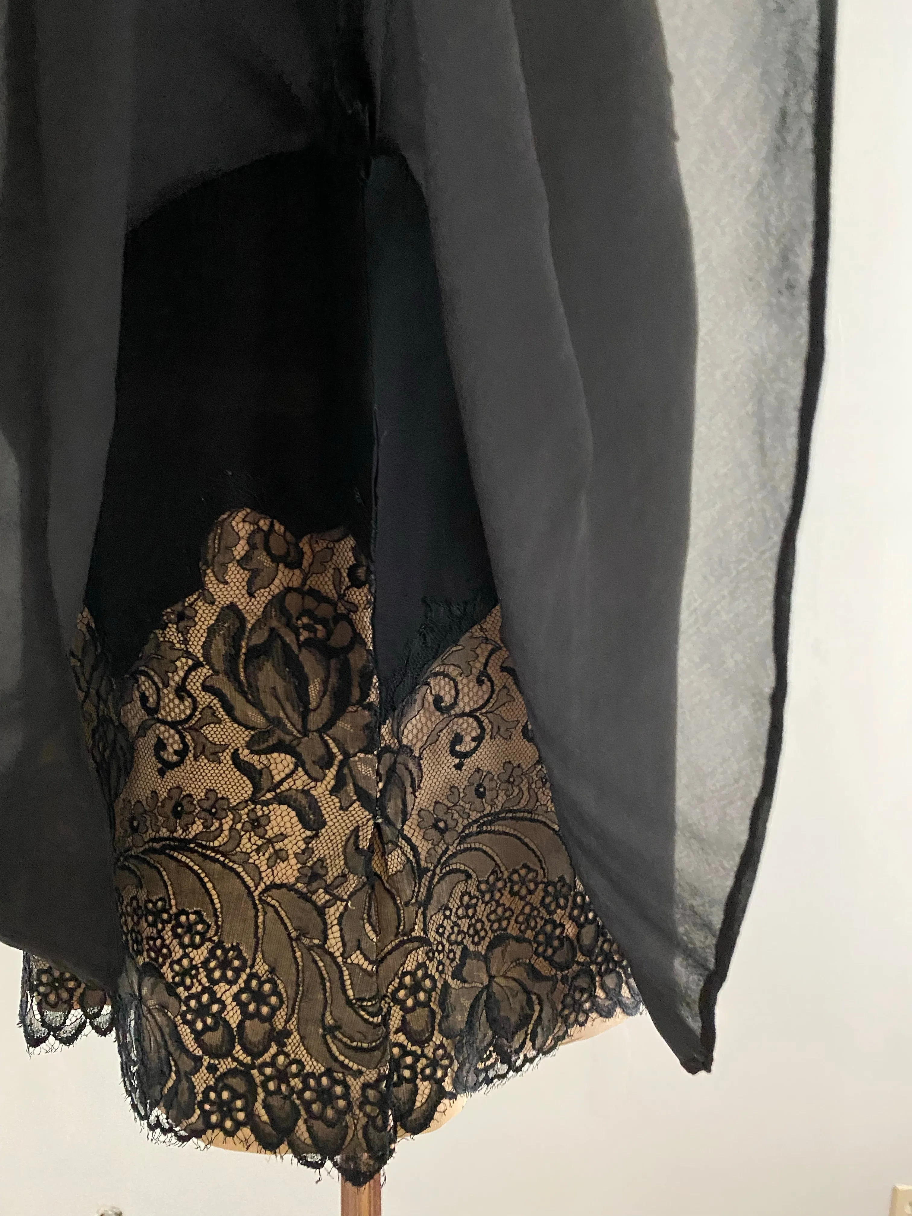 1950's Black Silk Chiffon & Fine French Lace Cocktail Dress By Philip Hulitar / Waist 26