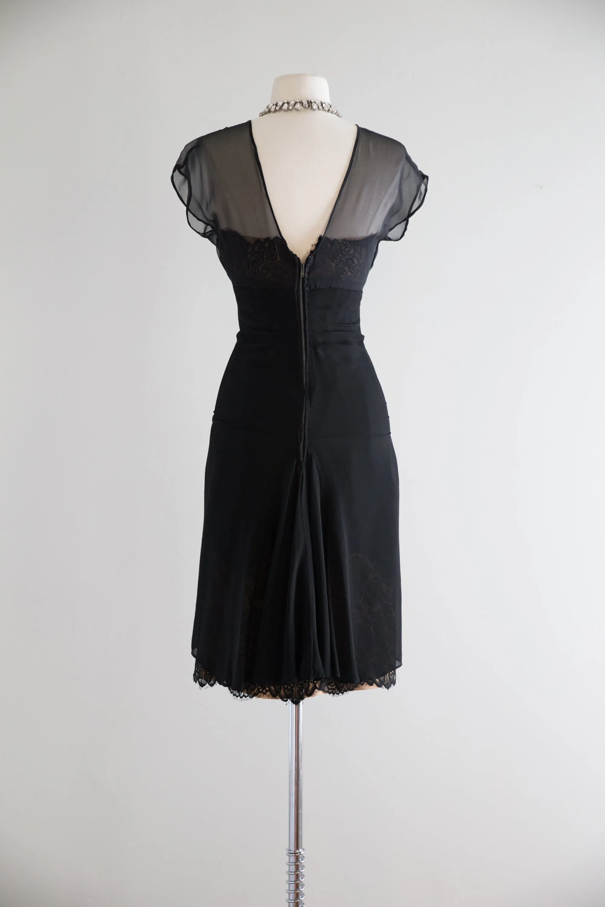 1950's Black Silk Chiffon & Fine French Lace Cocktail Dress By Philip Hulitar / Waist 26