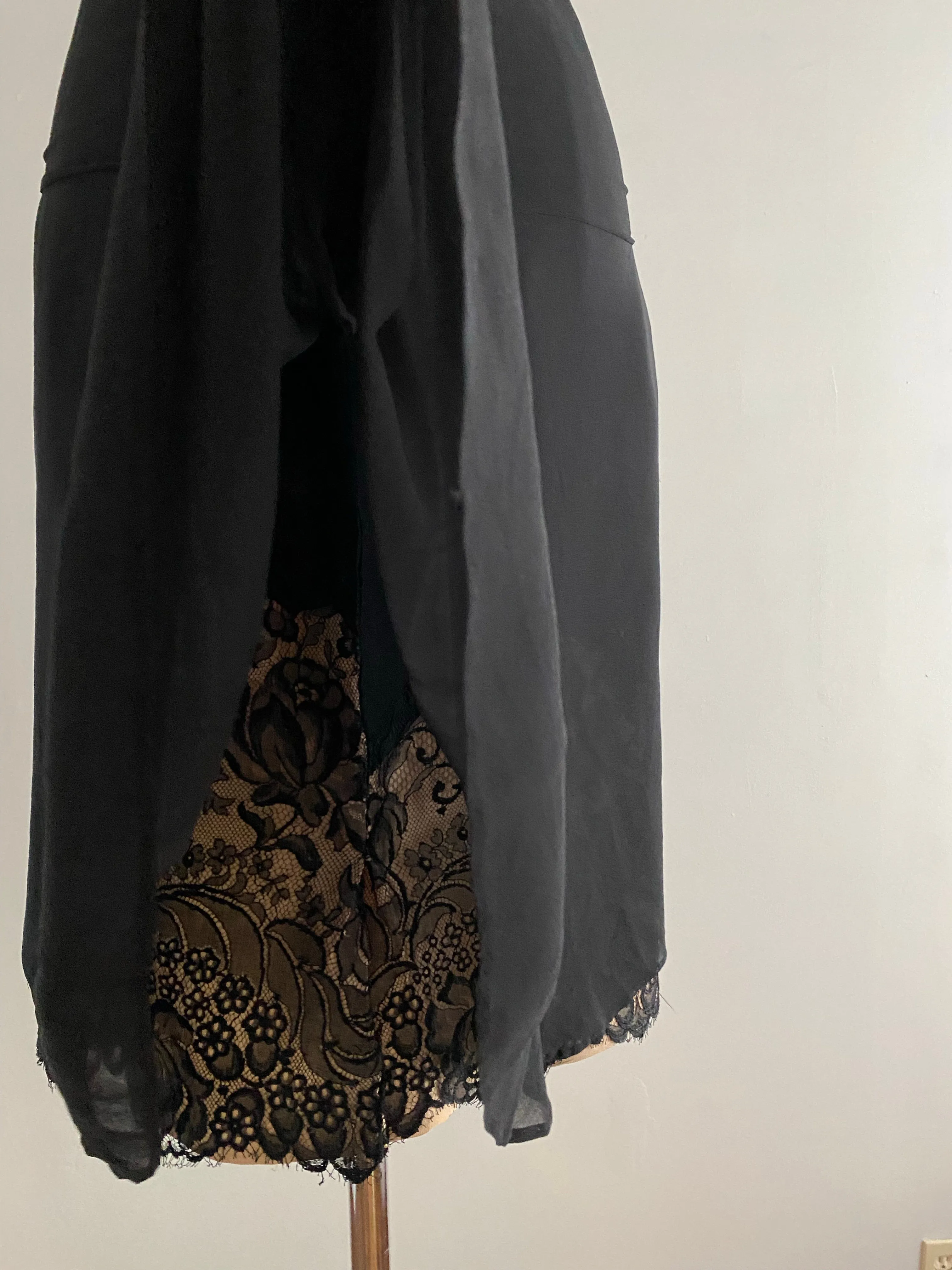 1950's Black Silk Chiffon & Fine French Lace Cocktail Dress By Philip Hulitar / Waist 26