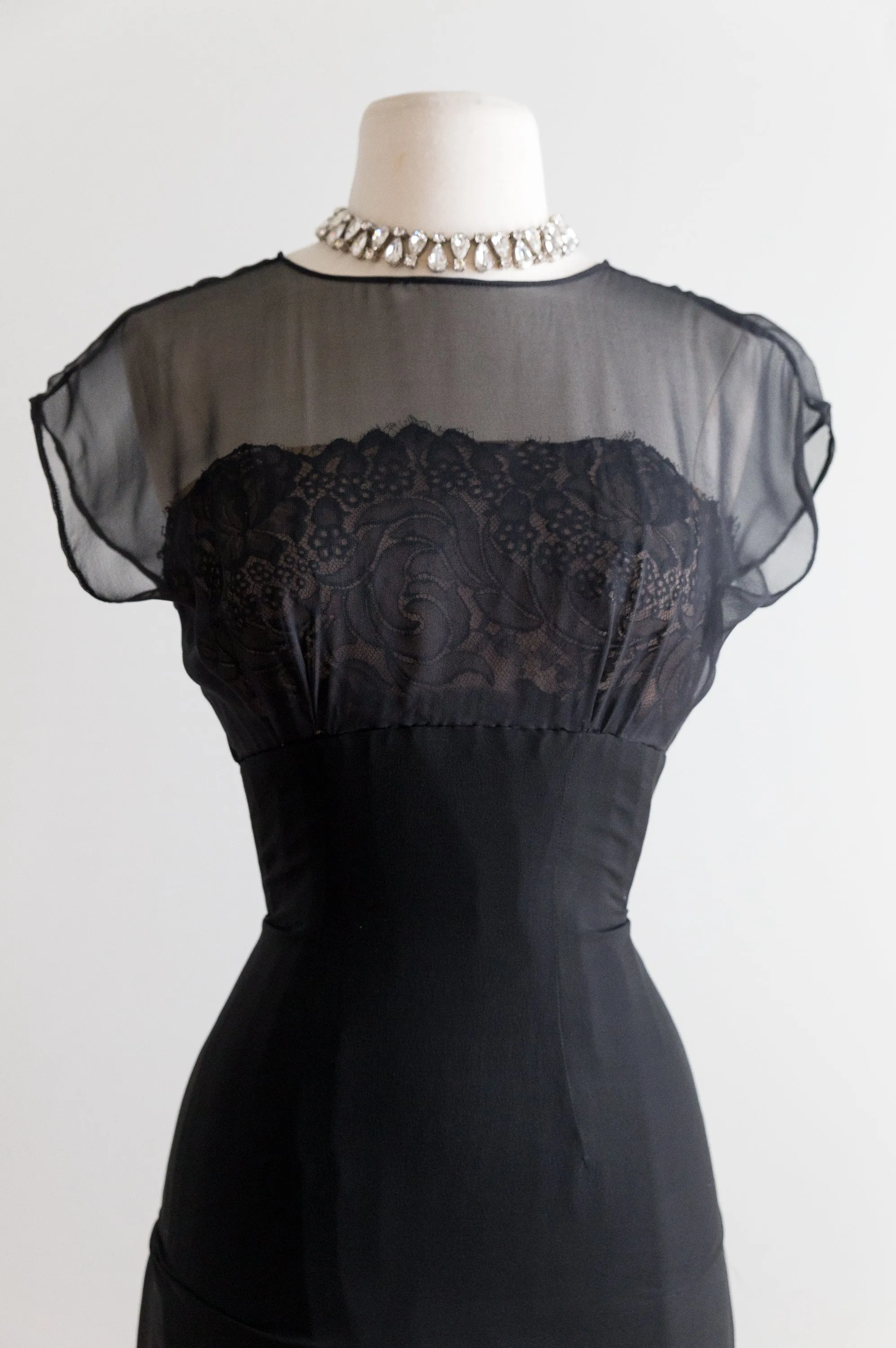 1950's Black Silk Chiffon & Fine French Lace Cocktail Dress By Philip Hulitar / Waist 26