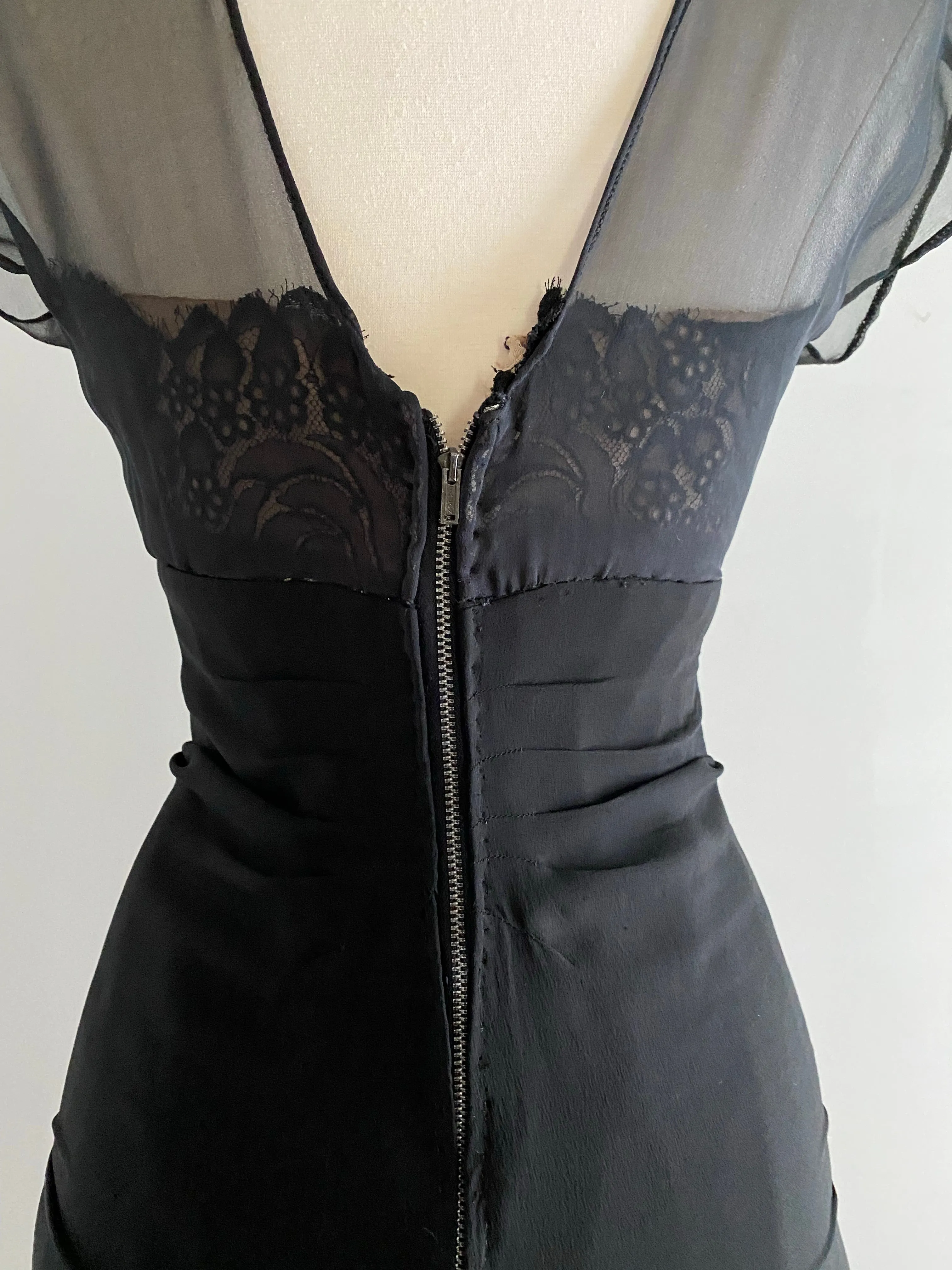 1950's Black Silk Chiffon & Fine French Lace Cocktail Dress By Philip Hulitar / Waist 26