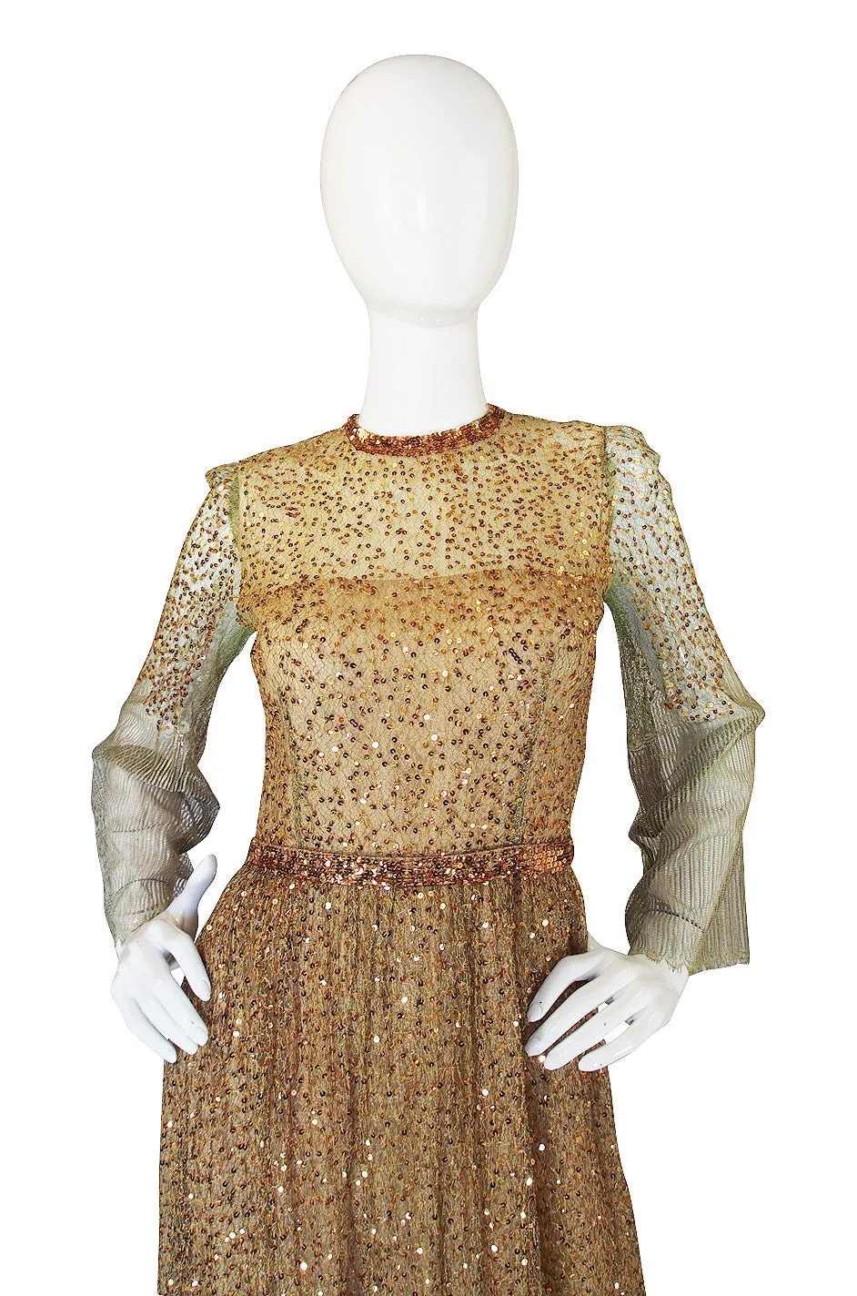 1960s Fine Gold Sequin & Net Mollie Parnis Dress