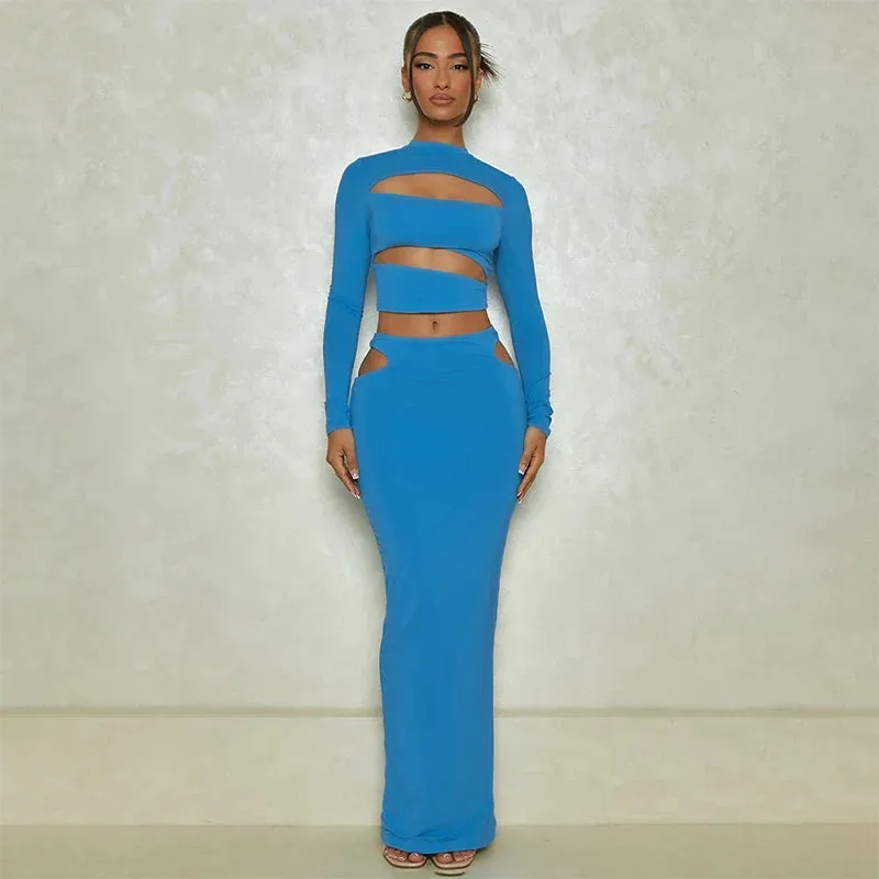 2024 Autumn Winter Party Night Club Streetwear Cut Out Crop Top Long Skirt Sets Maxi Dress