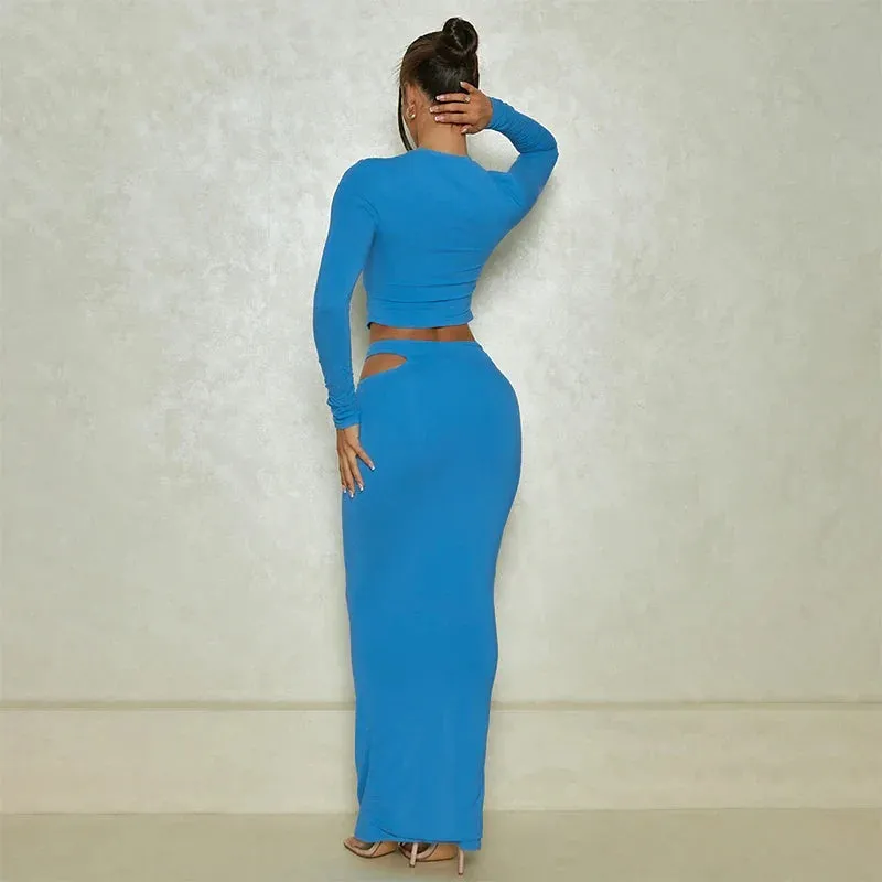 2024 Autumn Winter Party Night Club Streetwear Cut Out Crop Top Long Skirt Sets Maxi Dress