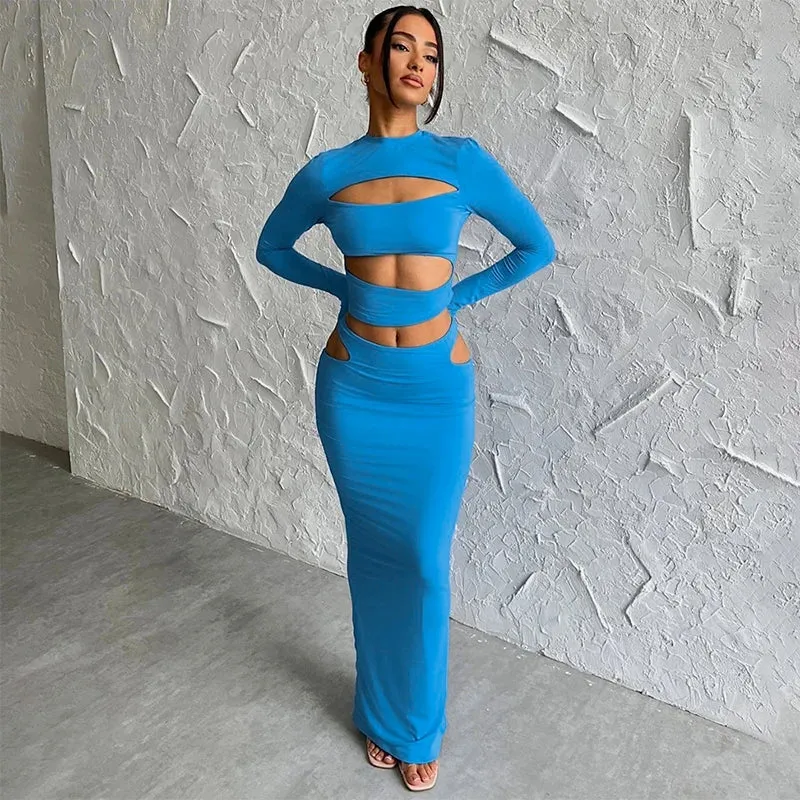 2024 Autumn Winter Party Night Club Streetwear Cut Out Crop Top Long Skirt Sets Maxi Dress