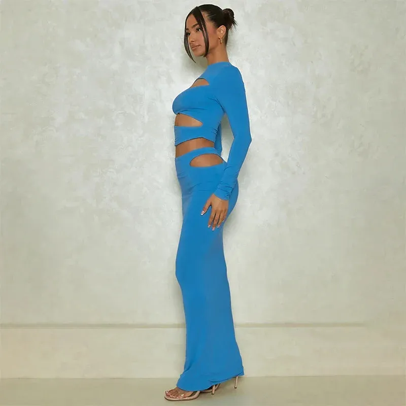 2024 Autumn Winter Party Night Club Streetwear Cut Out Crop Top Long Skirt Sets Maxi Dress