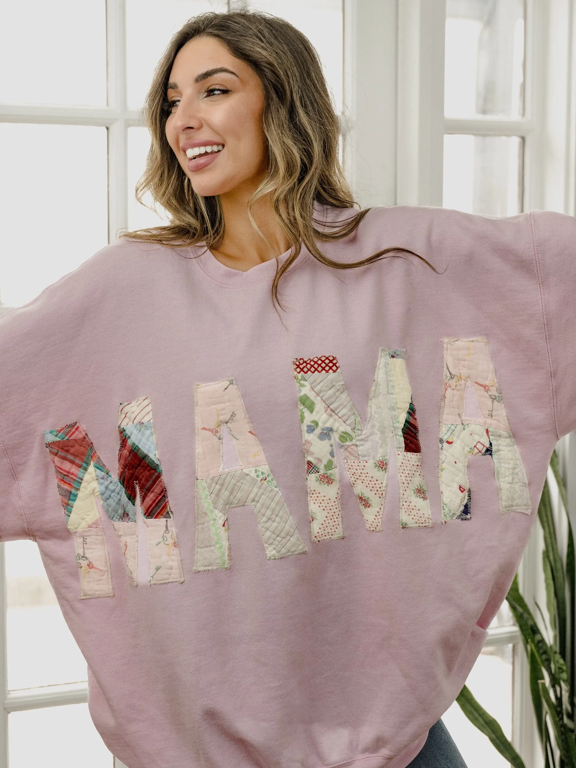 2XL MAMA Quilted Applique Pink Thrifted Sweatshirt