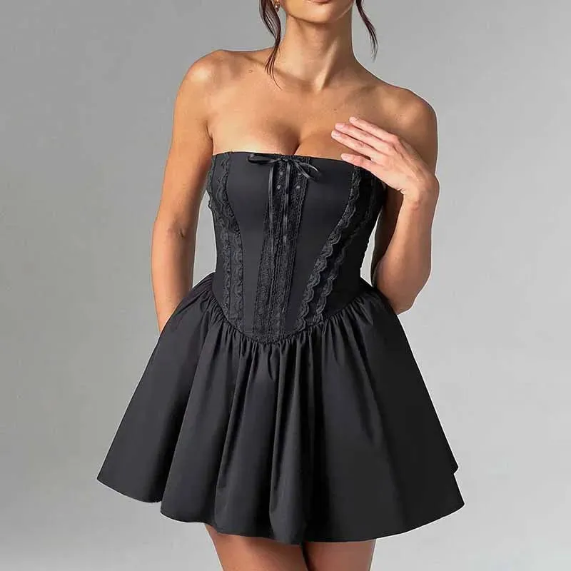 A-line Open-shoulder Open Back Graceful Lace Pleated Mini Dress