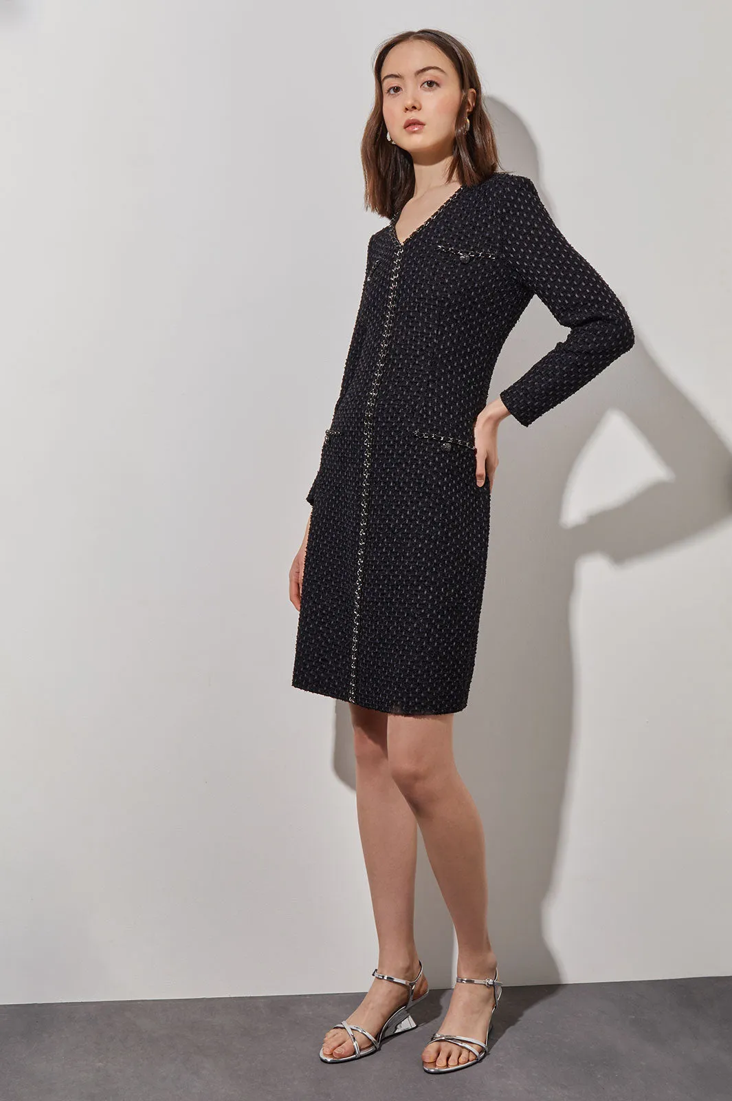 Above-the-Knee Sheath Dress - Chain Trim Textured Knit