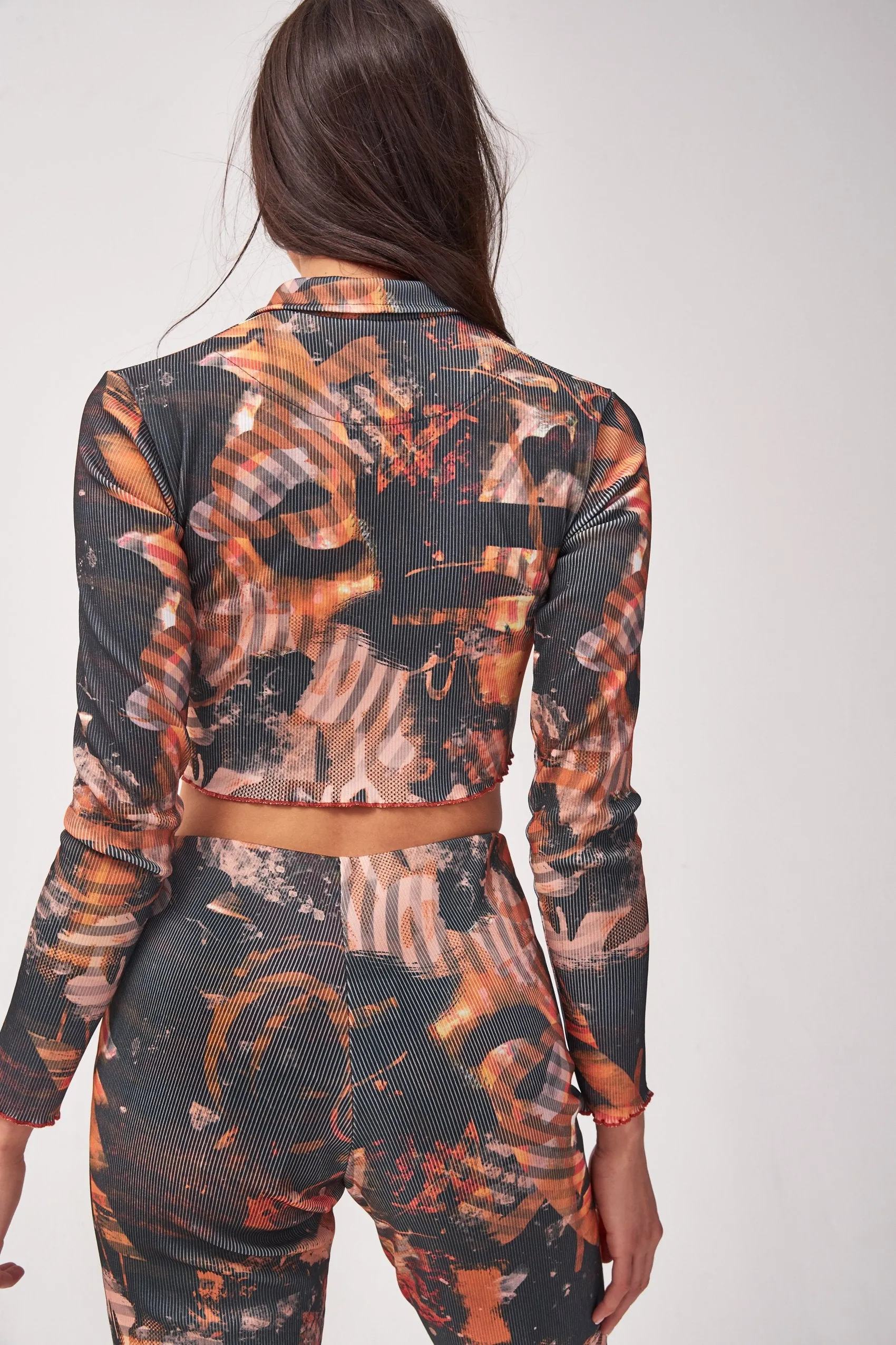 Abstract Burn Print Zip Up Ribbed Cardigan