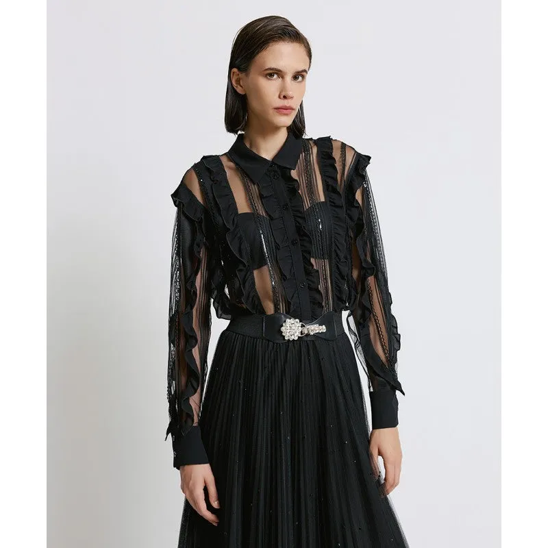 Access Fashion Black Top With Front Ruffle