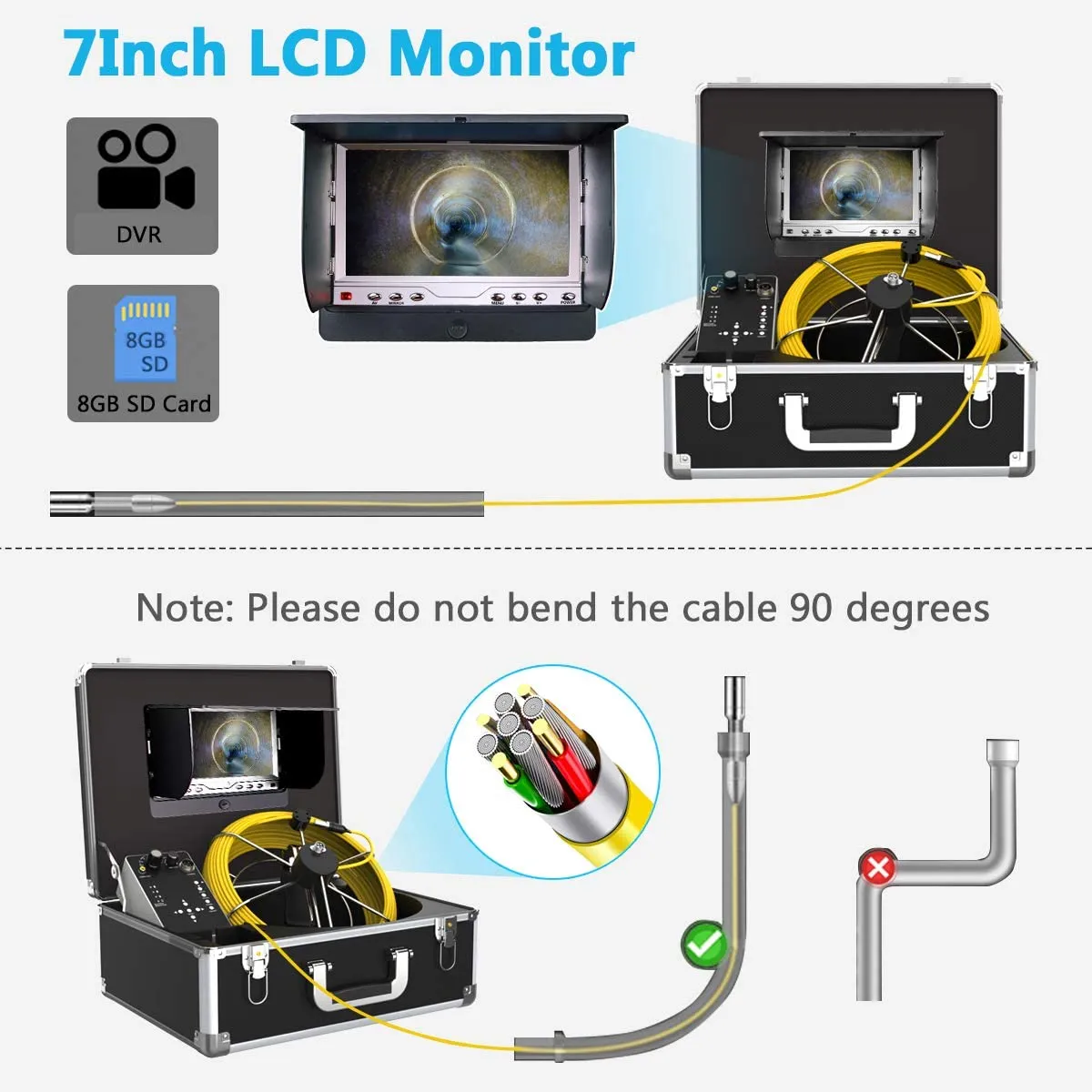 Anysun Sewer Pipe Inspection Camera, 50M Drain Endoscope Snake with DVR Recorder, Waterproof IP68 Camera with 7 Inch LCD Monitor