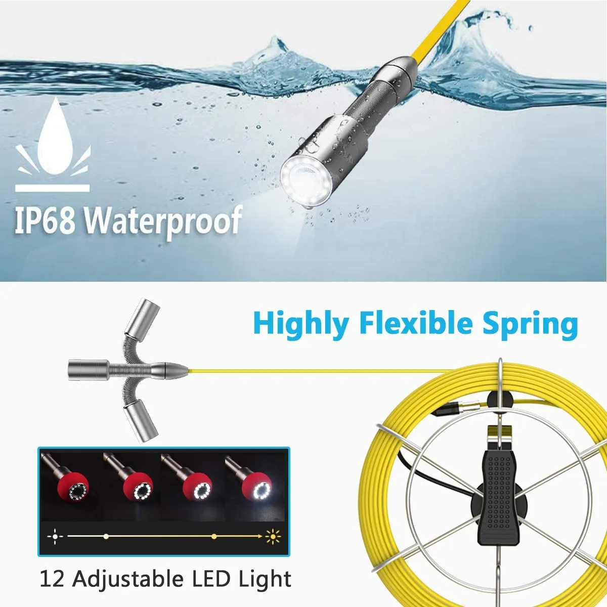 Anysun Sewer Pipe Inspection Camera, 50M Drain Endoscope Snake with DVR Recorder, Waterproof IP68 Camera with 7 Inch LCD Monitor