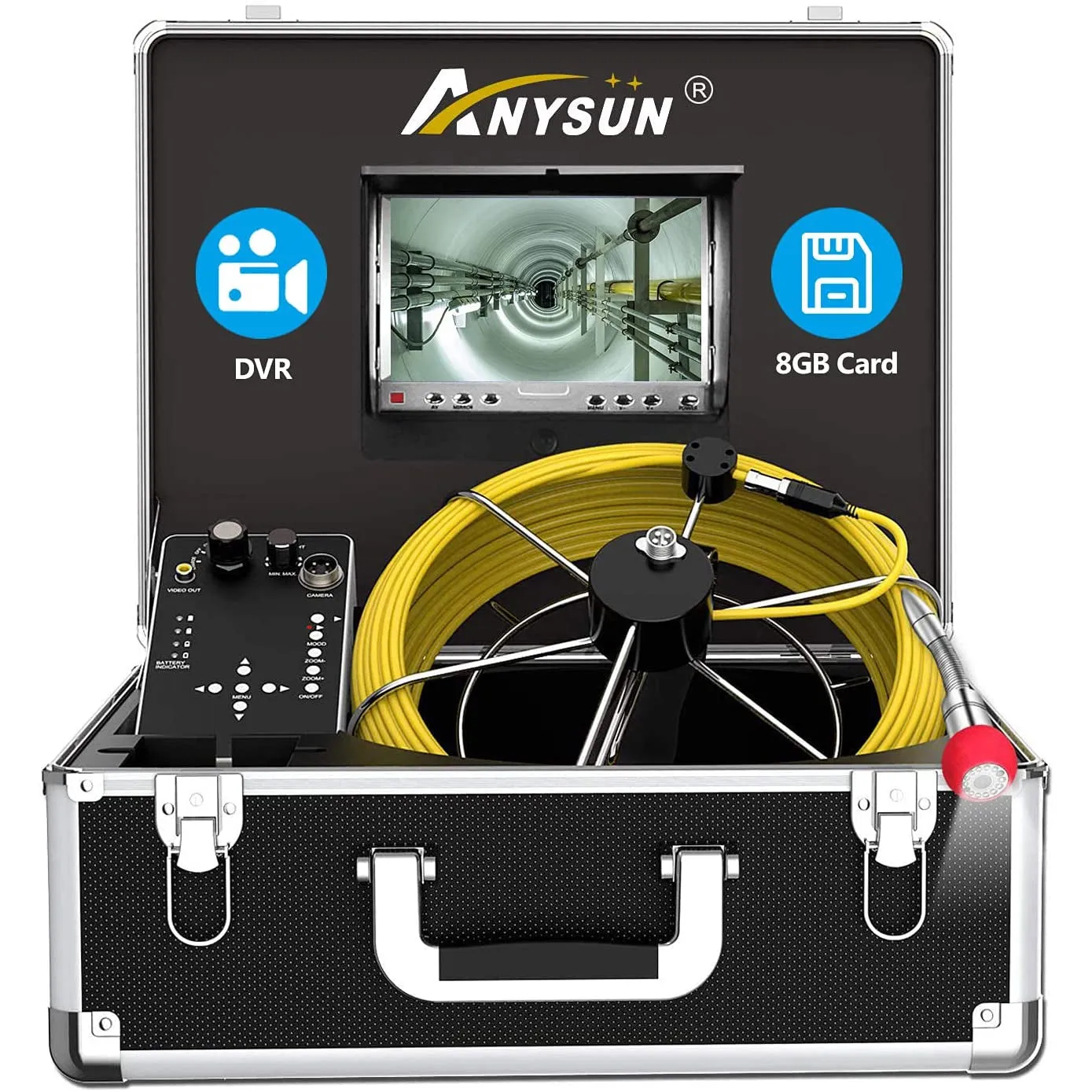 Anysun Sewer Pipe Inspection Camera, 50M Drain Endoscope Snake with DVR Recorder, Waterproof IP68 Camera with 7 Inch LCD Monitor