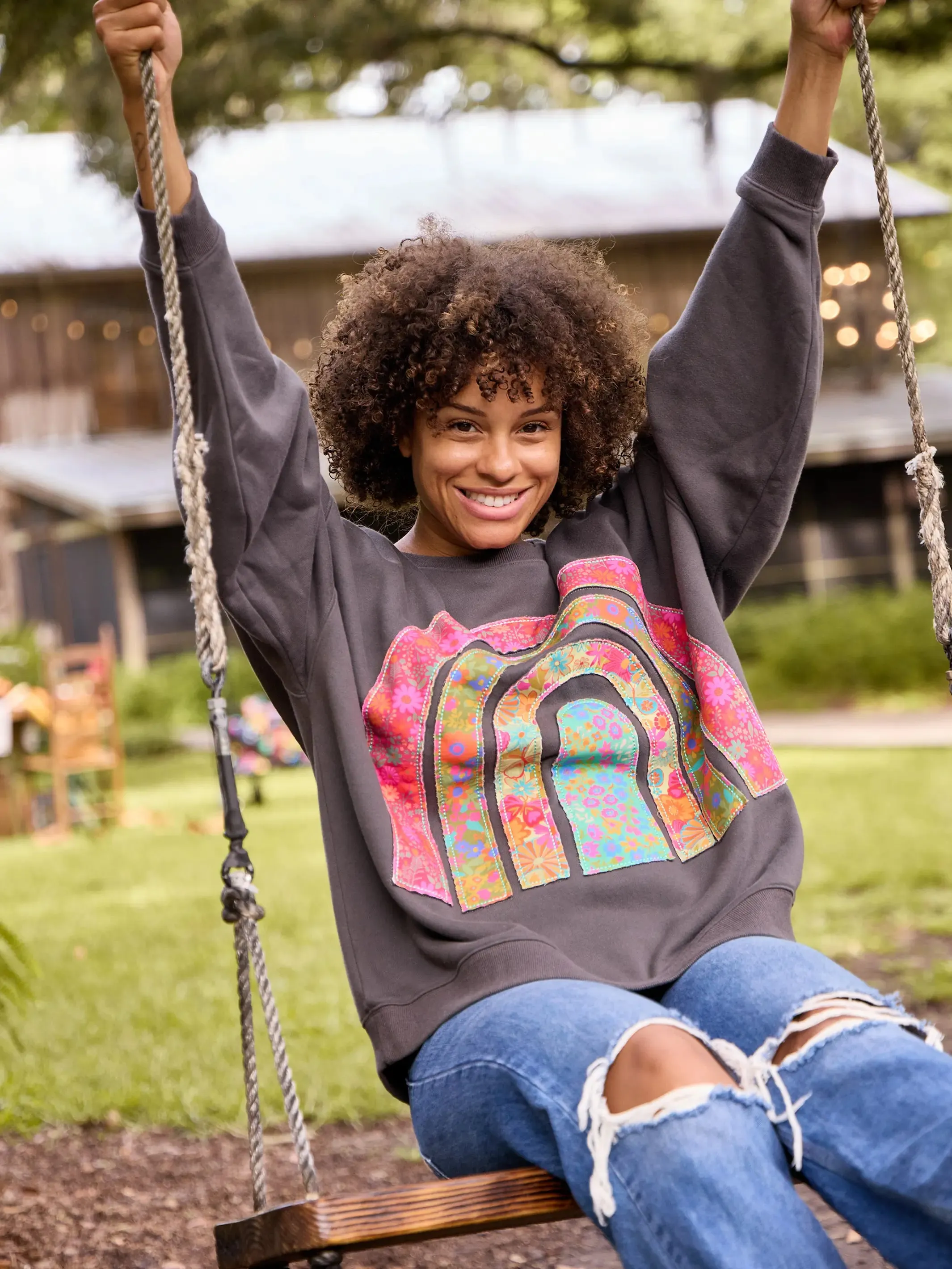 Applique Pullover Sweatshirt - Charcoal Rainbow