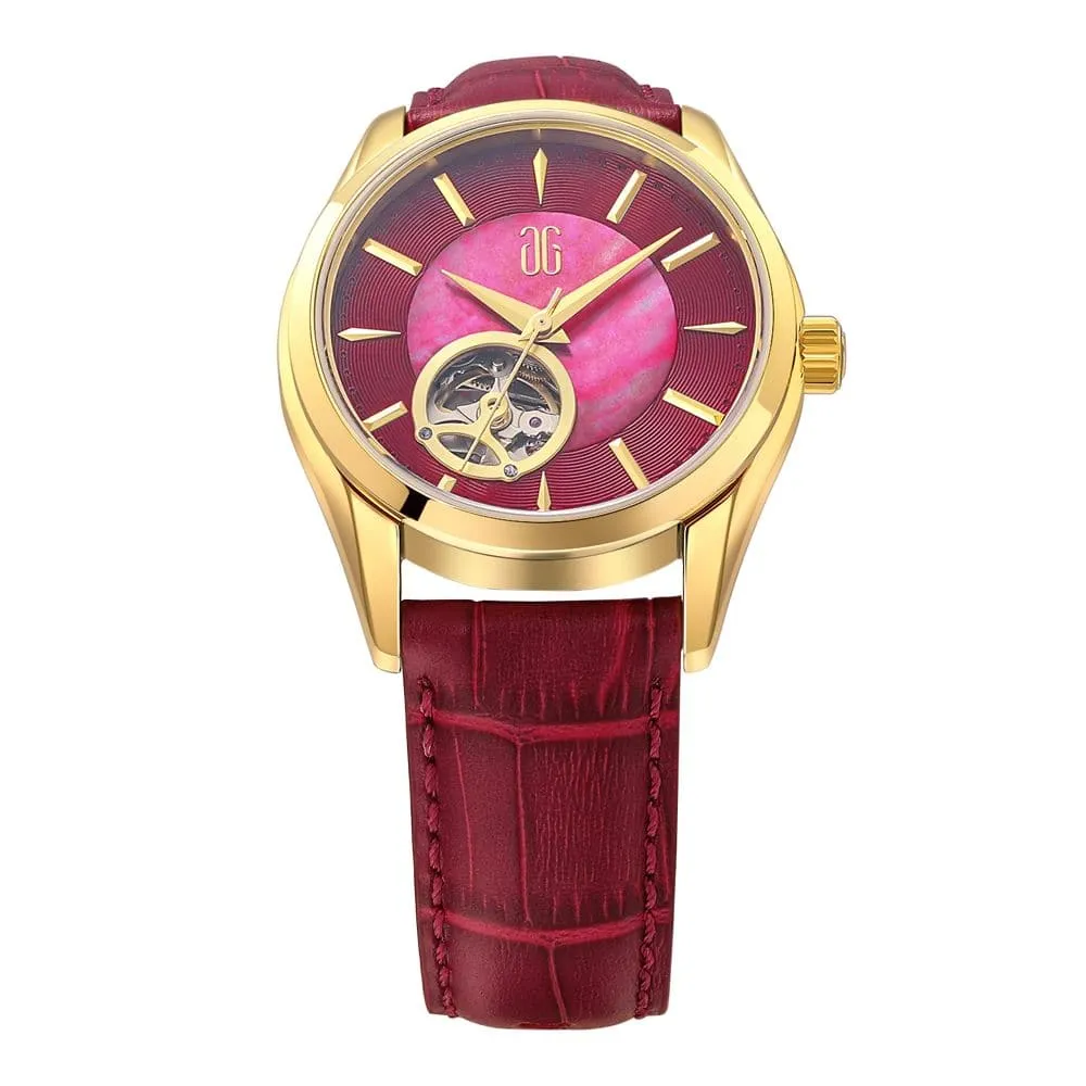 Aries Gold Goldex 8023 Red Dial And Leather Strap Women Watch L 8023 G-R