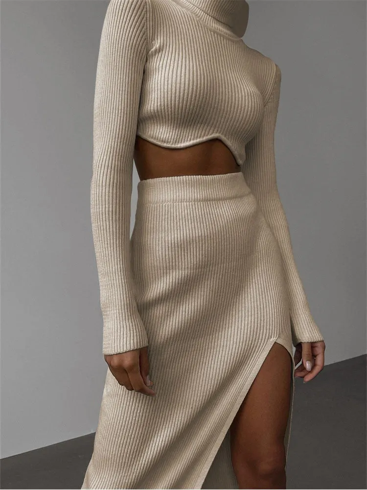 Autumn Sexy Solid Ribbed 2 Two Piece Sets Club Outfit For Women Long Sleeve O Neck Crop Top And Skirt Sets Female