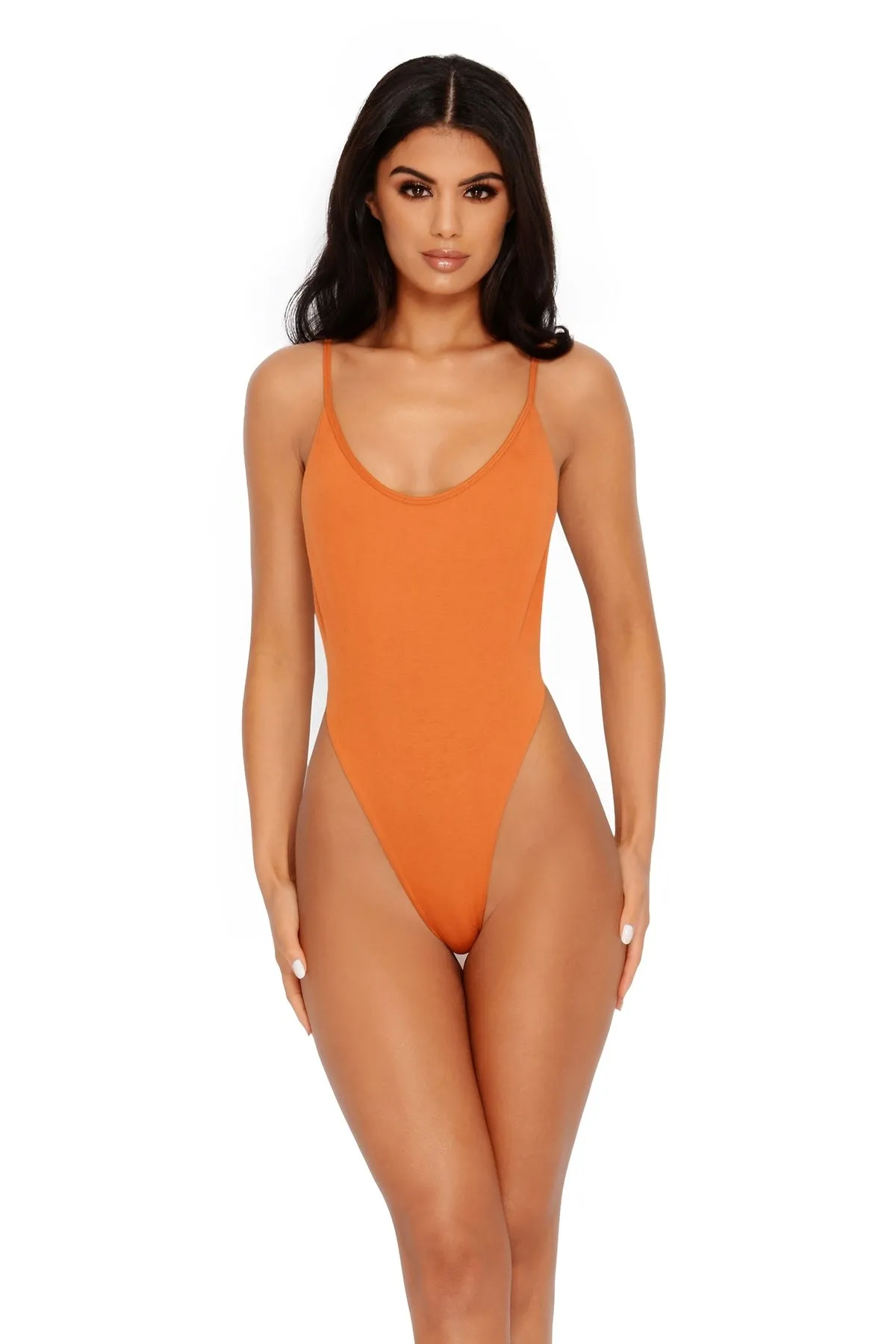 Bare Necessities Scoop Neck Low Back Double Layered Bodysuit in Burnt Orange