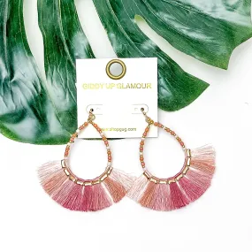 Beaded Open Teardrop Earrings With Fringe Bottom in Pink Tones