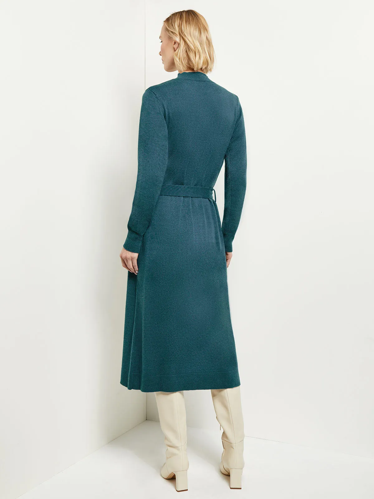 Belted Mock Neck Cashmere Dress, Marine Teal