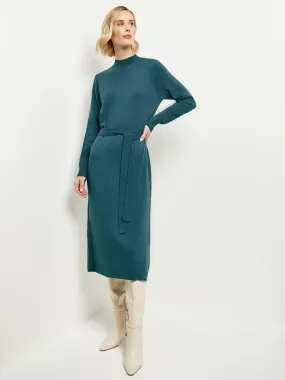 Belted Mock Neck Cashmere Dress, Marine Teal