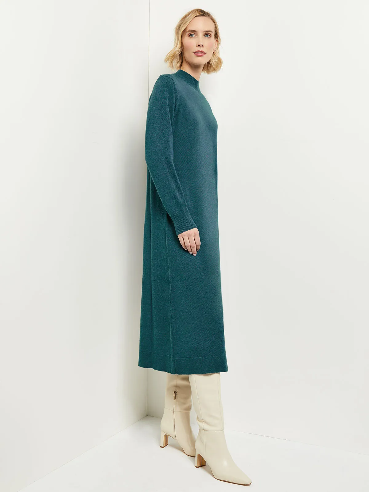 Belted Mock Neck Cashmere Dress, Marine Teal