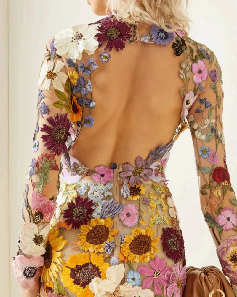 BerryBetty - Backless Floral Embroidered Bodycon Mini Dresses