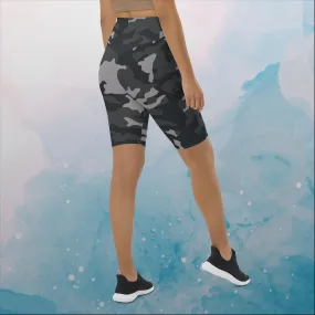 Black and Grey Camo Print Womens Yoga Swim Biker Shorts