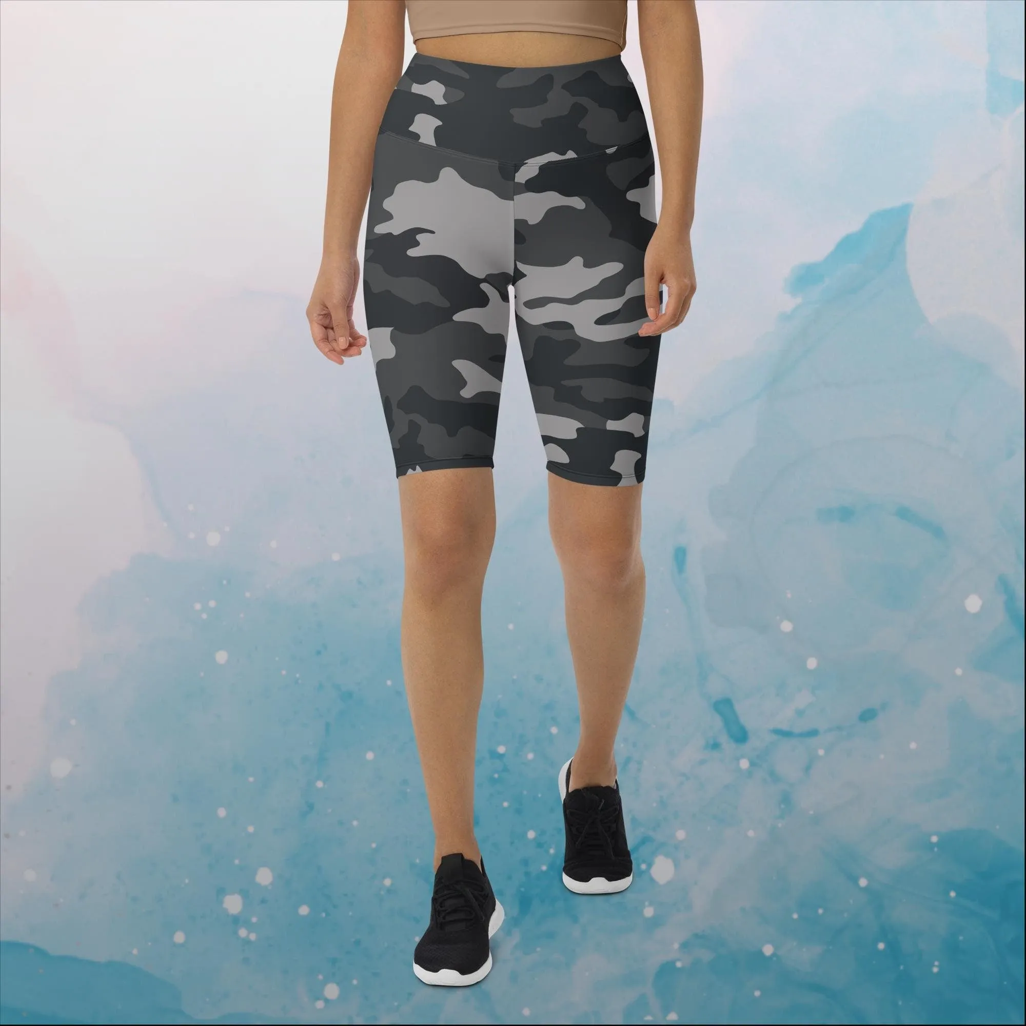 Black and Grey Camo Print Womens Yoga Swim Biker Shorts