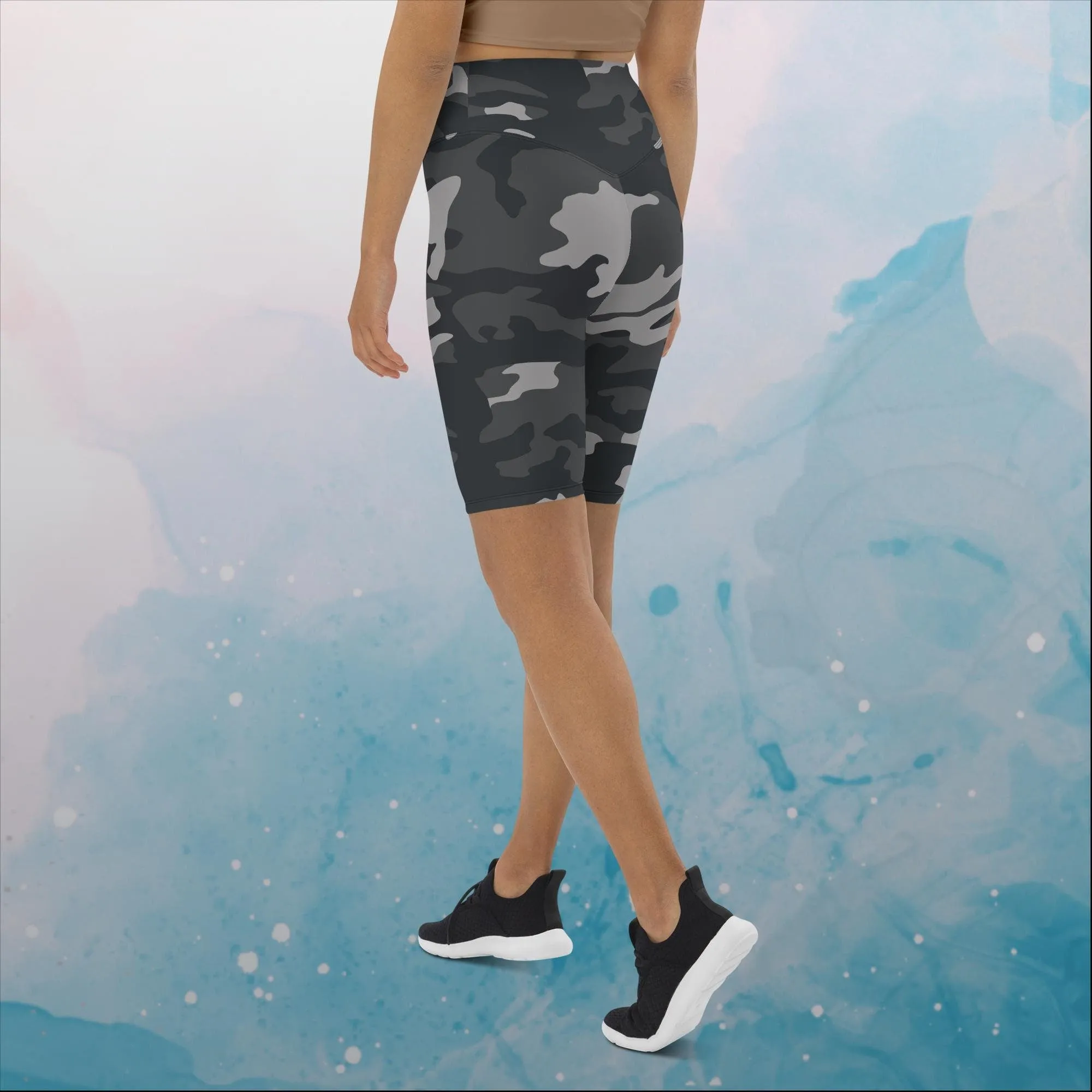 Black and Grey Camo Print Womens Yoga Swim Biker Shorts