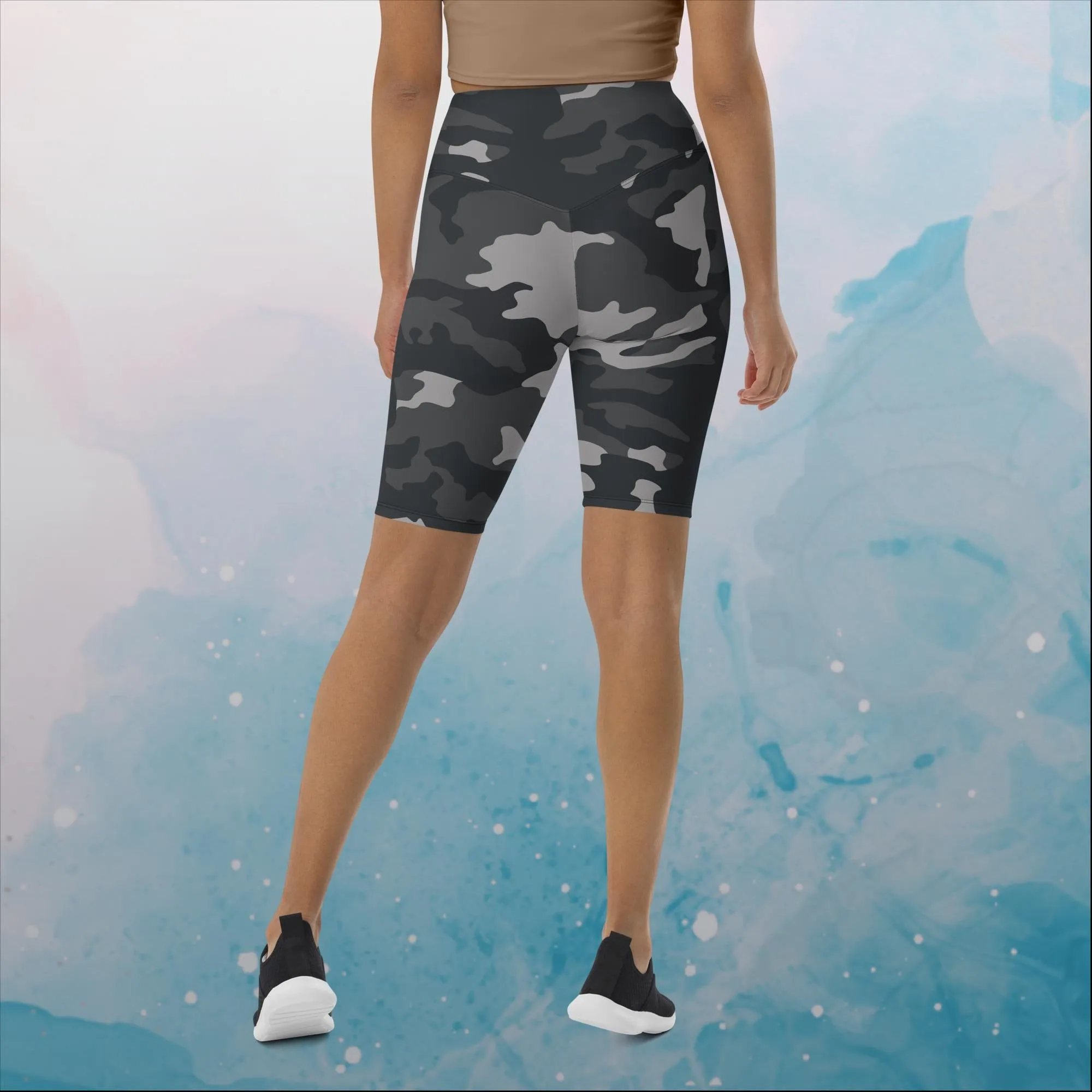 Black and Grey Camo Print Womens Yoga Swim Biker Shorts