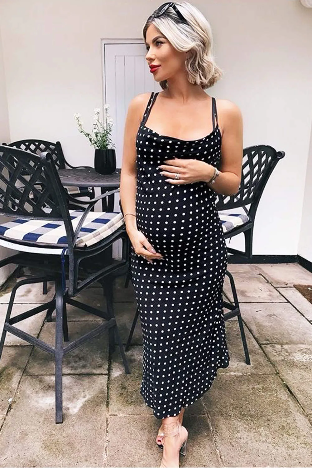 Black Cowl Neck Polka Dot Dress