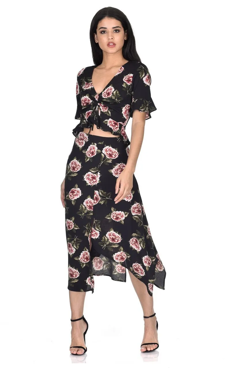 Black Floral Asymmetric Hem Skirt