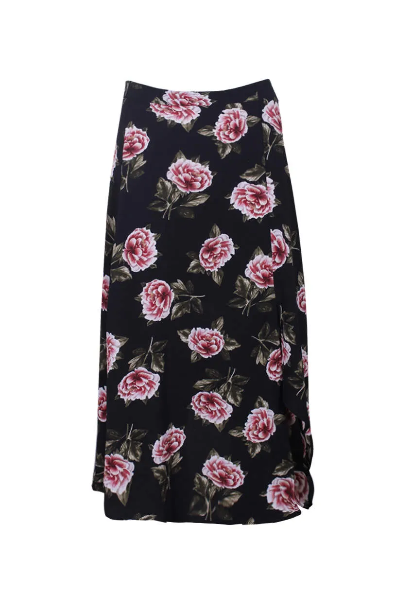 Black Floral Asymmetric Hem Skirt