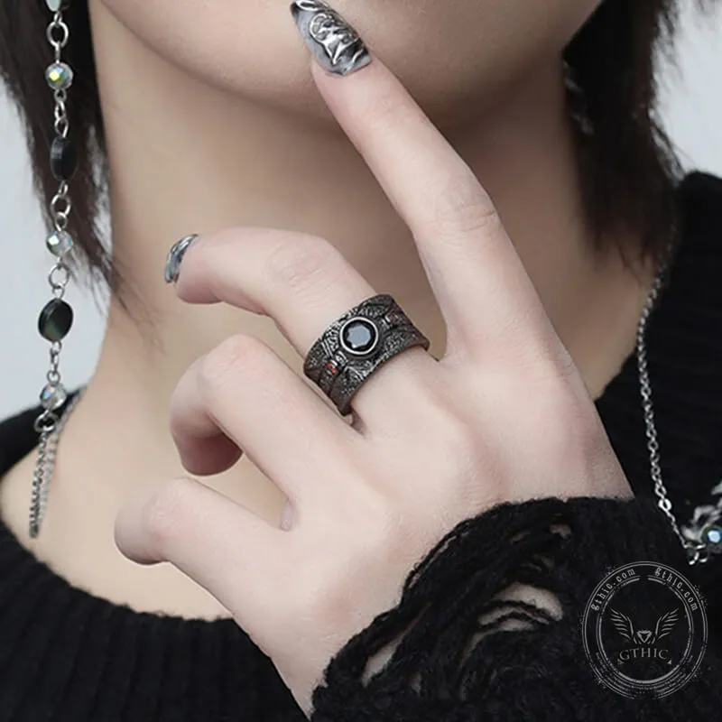 Black Textured Stone-set Alloy Open Ring