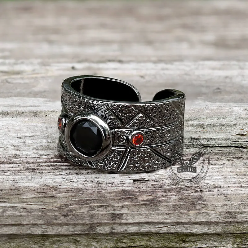 Black Textured Stone-set Alloy Open Ring