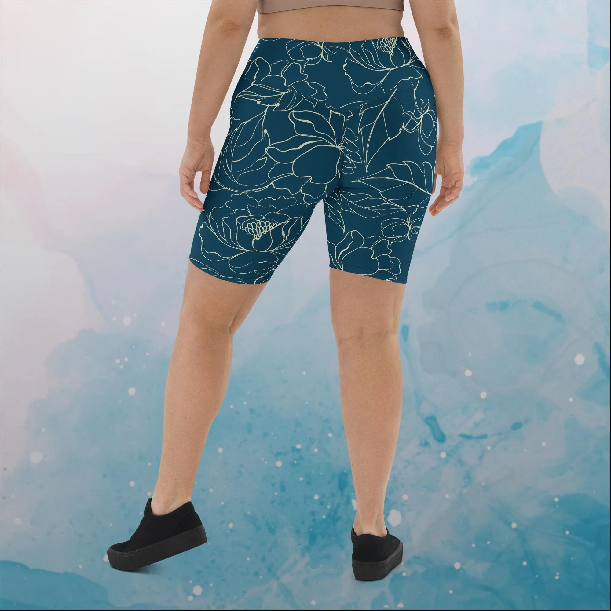 Blue and Cream Floral Stencil Lines Long Biker or Yoga Shorts