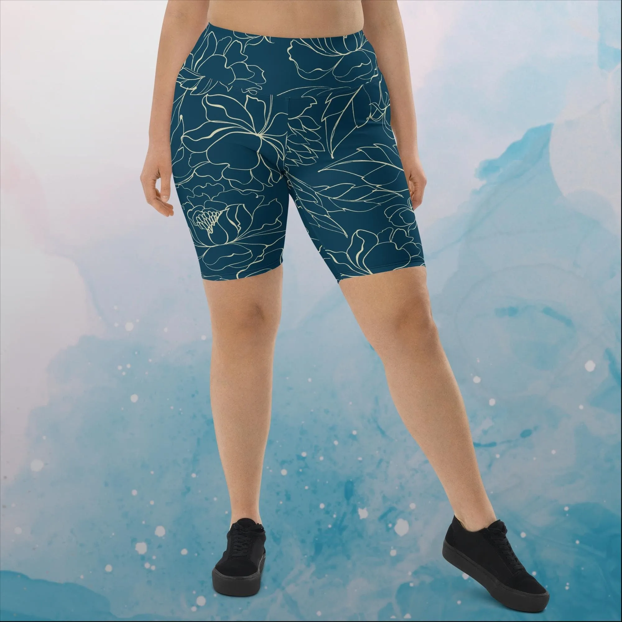 Blue and Cream Floral Stencil Lines Long Biker or Yoga Shorts