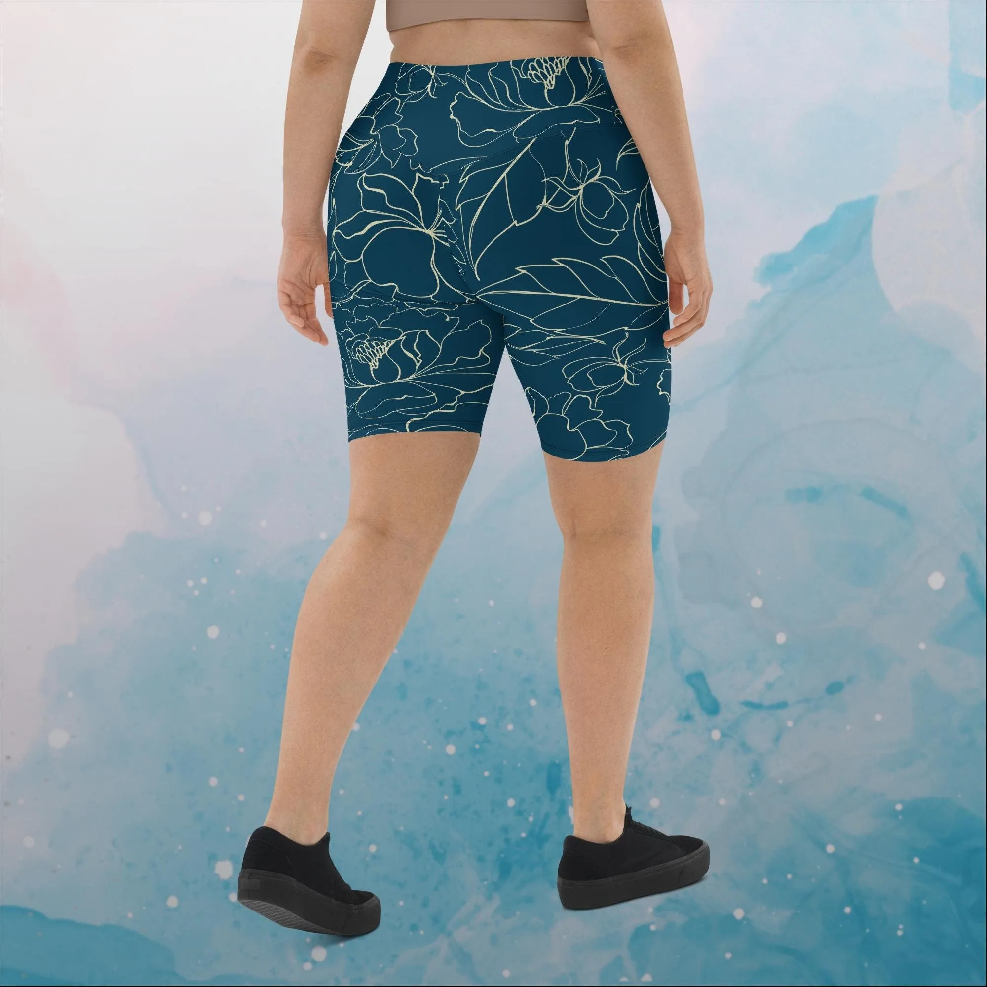 Blue and Cream Floral Stencil Lines Long Biker or Yoga Shorts