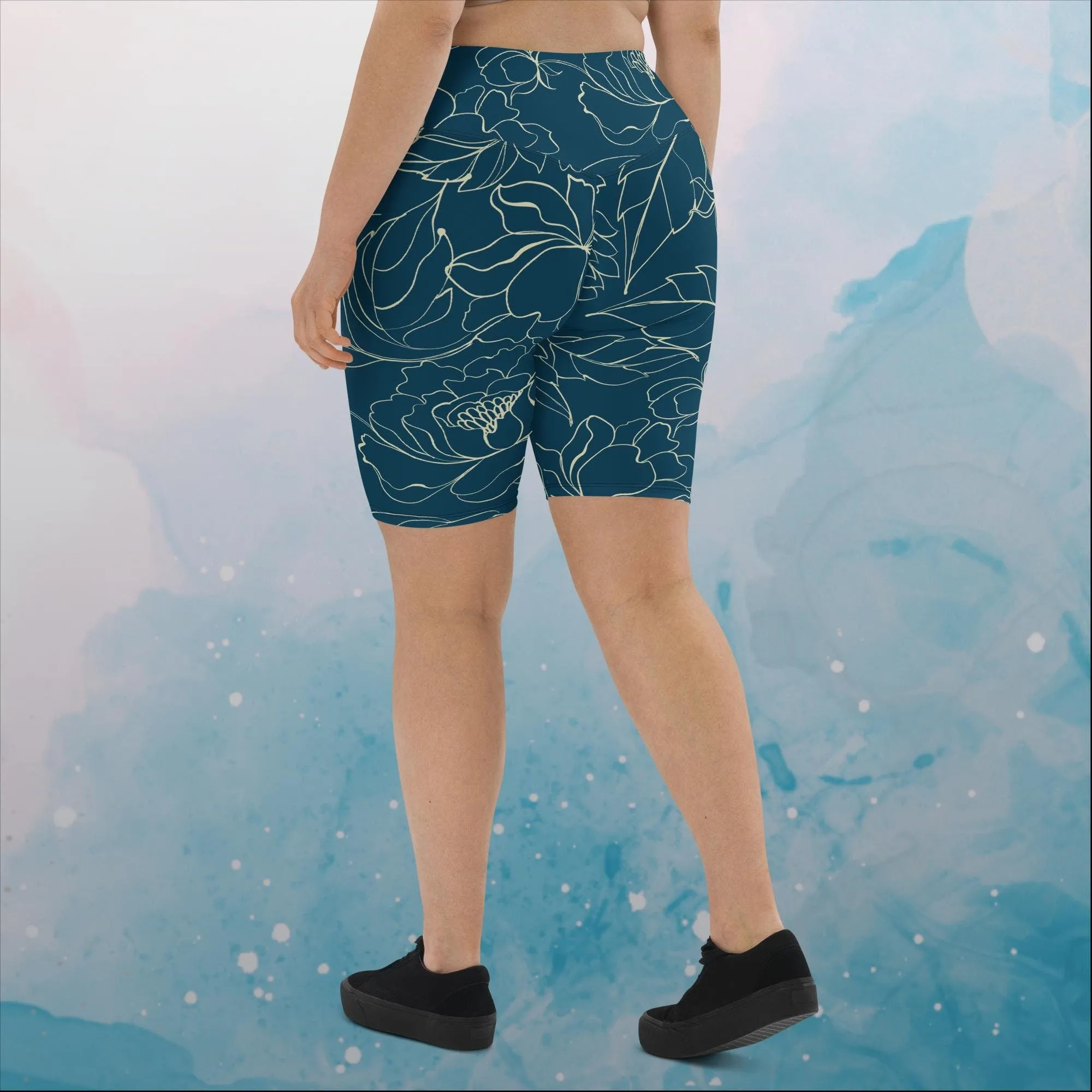 Blue and Cream Floral Stencil Lines Long Biker or Yoga Shorts