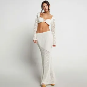 Boho White Crochet Knit Bell Sleeve Crop Top and Maxi Skirt Matching Set