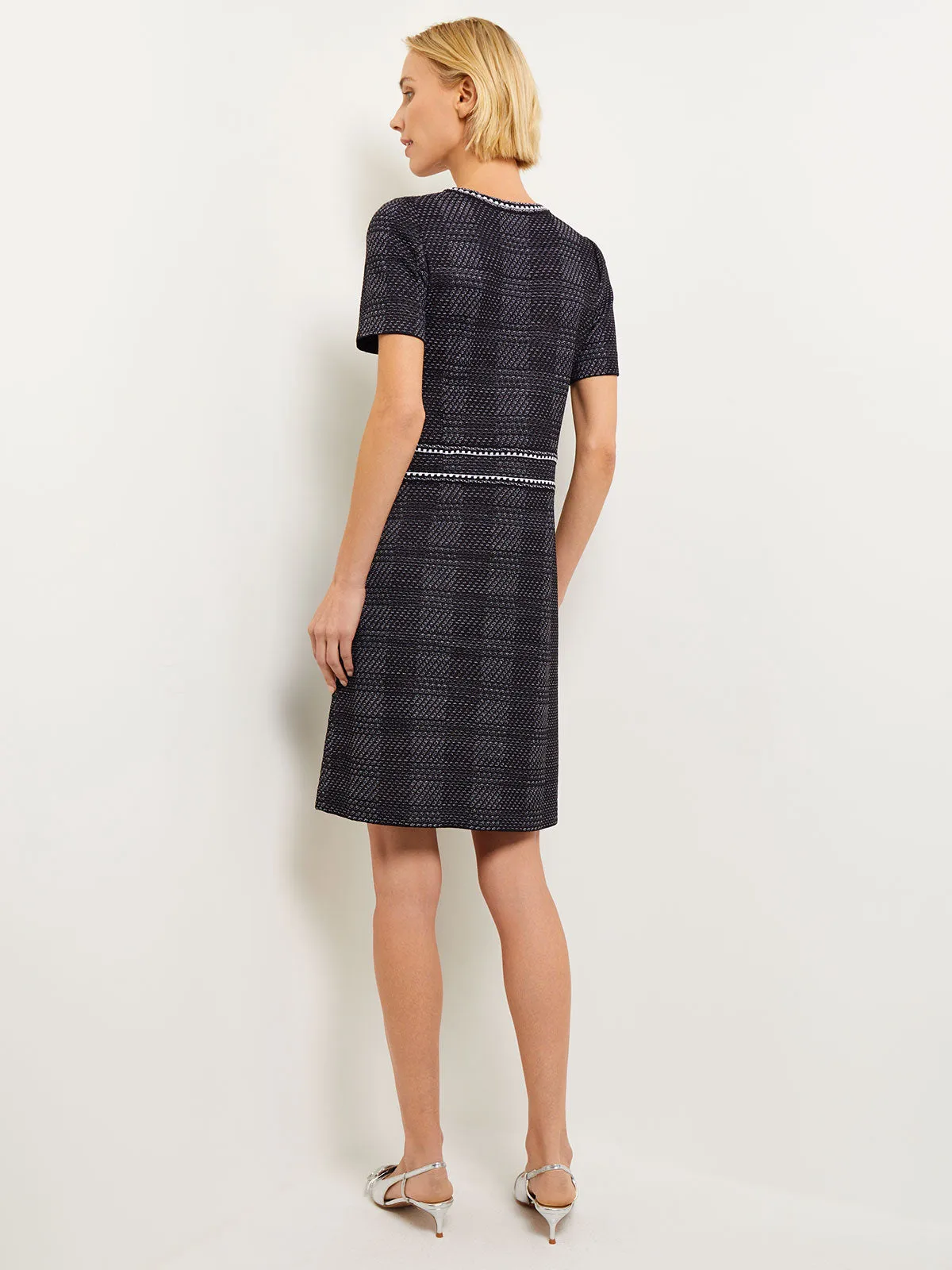 Bold Plaid Tweed Knit Sheath Dress, Black & White