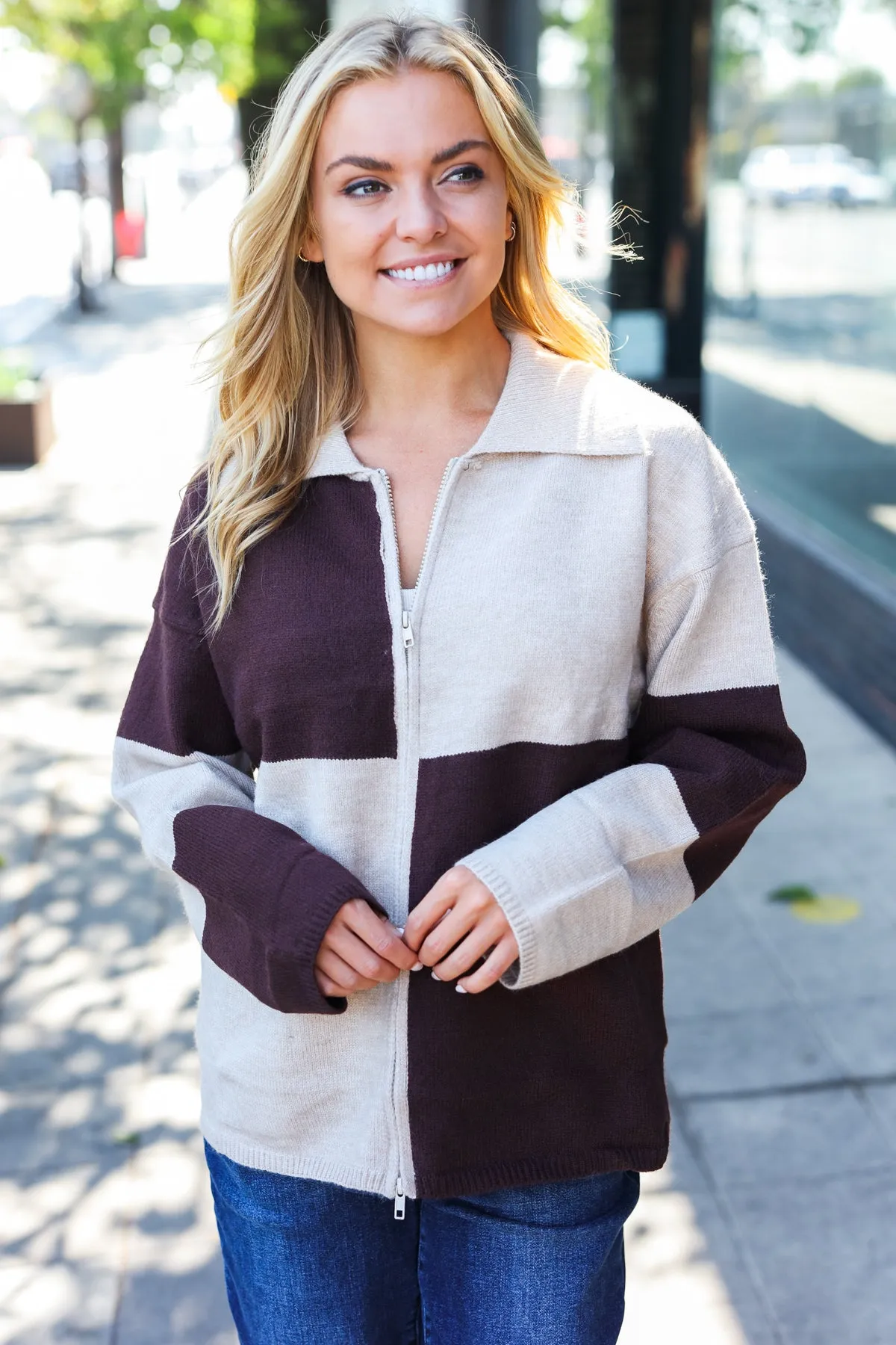 Brown Color Block Collared Zip Up Sweater