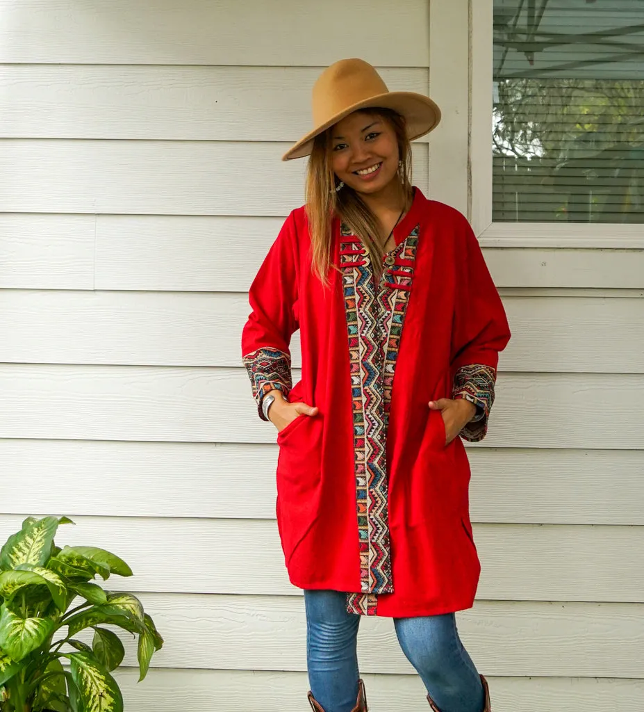 Burgundy Cotton Boho Jacket Cardigan with Pockets