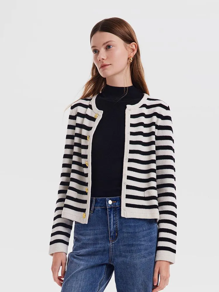 Button Up Woolen Striped Cardigan