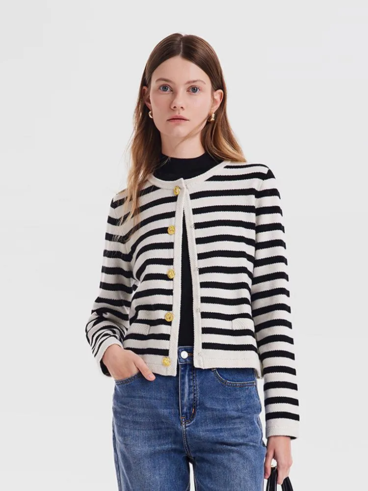 Button Up Woolen Striped Cardigan