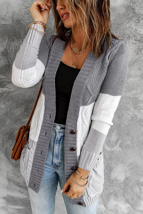 Cable Knit Button Up Long Sleeve Cardigan