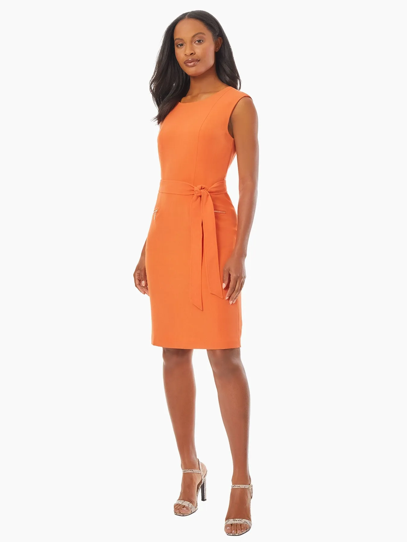 Cap Sleeve Stretch Crepe Tie-Waist Dress